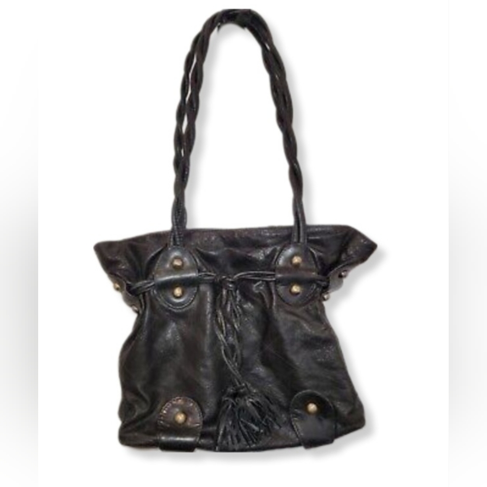 Michael Rome Genuine Leather Black Bag Braided Handles Gold Hardware